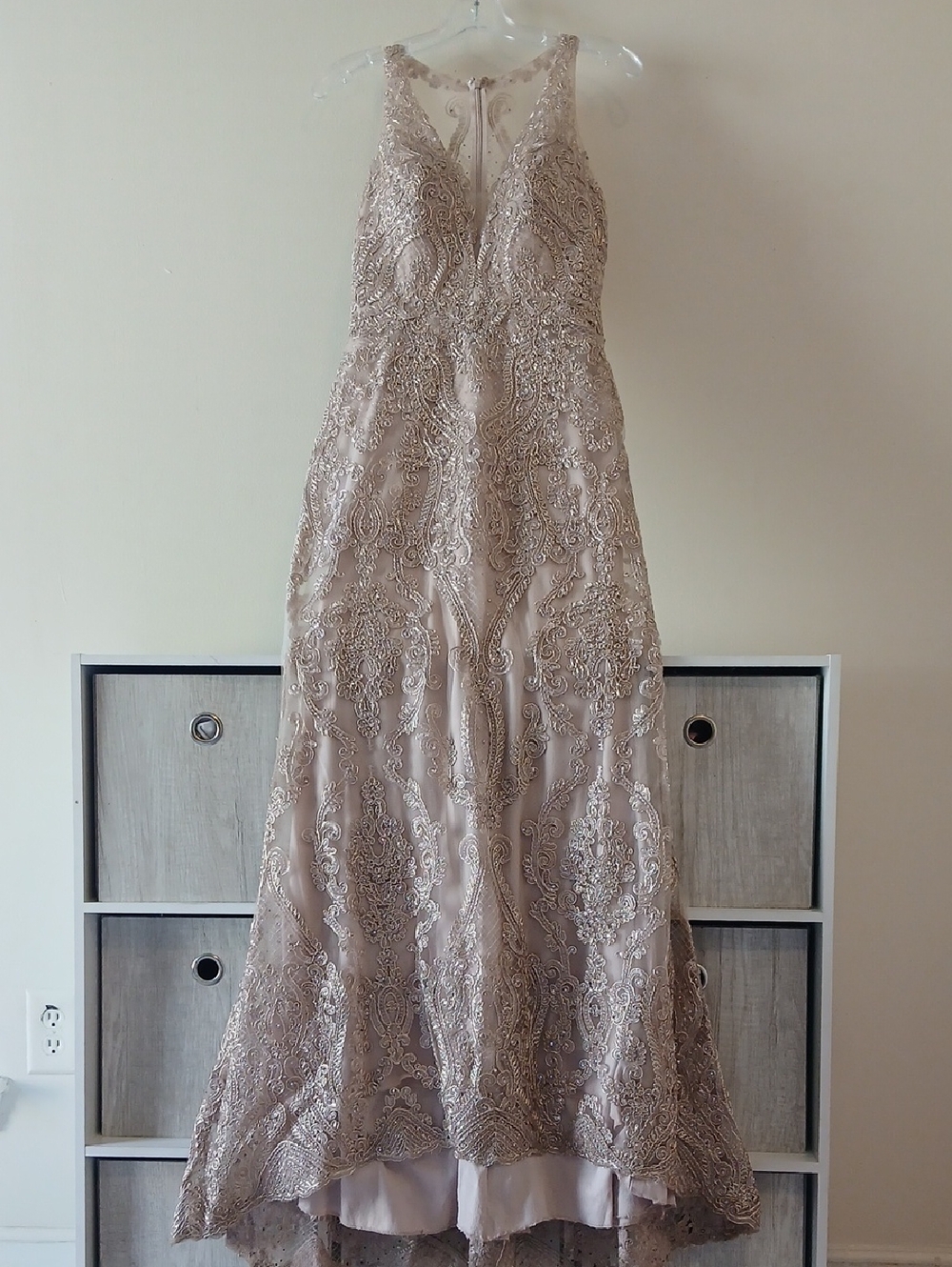 Cinderella Taupe Beaded High-Low Evening Dress